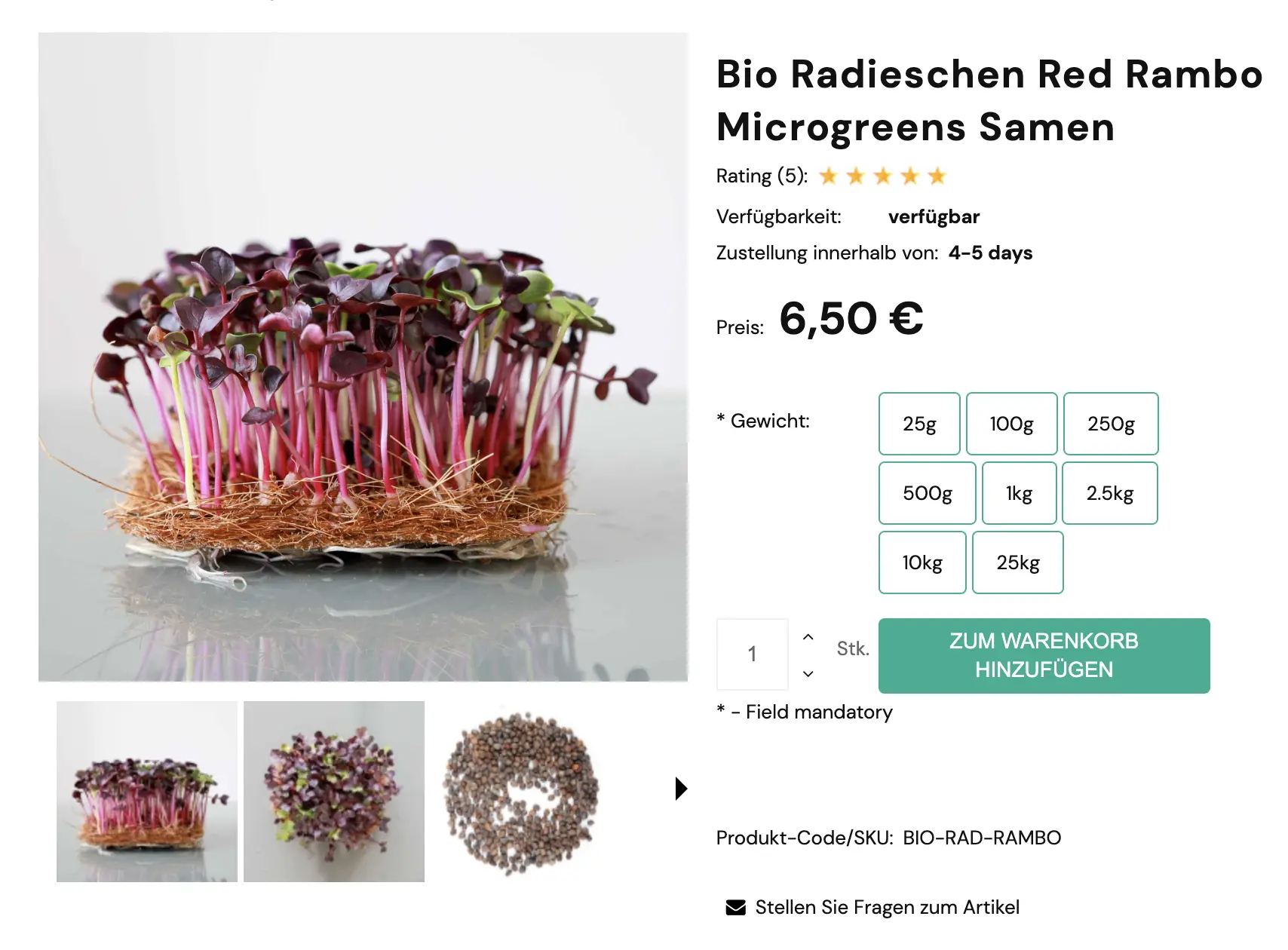 Selezione delle opzioni Bio Ravanello Red Rambo- semi Microgreens
